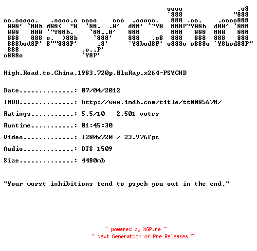 NFO for the release High.Road.to.China.1983.720p.BluRay.x264-PSYCHD by PSYCHD