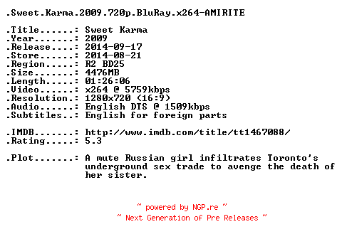 NFO for the release Sweet.Karma.2009.720p.BluRay.x264-AMIRITE by AMIRITE