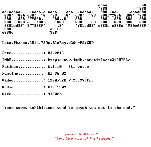 NFO for the release Late.Phases.2014.720p.BluRay.x264-PSYCHD by PSYCHD