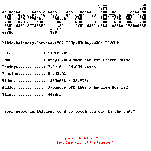 NFO for the release Kikis.Delivery.Service.1989.720p.BluRay.x264-PSYCHD by PSYCHD