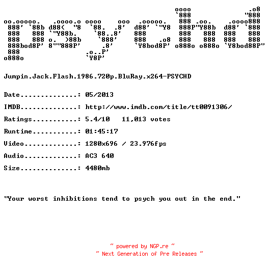 NFO for the release Jumpin.Jack.Flash.1986.720p.BluRay.x264-PSYCHD by PSYCHD