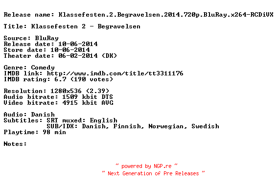 NFO for the release Klassefesten.2.Begravelsen.2014.720p.BluRay.x264-RCDiVX by RCDiVX