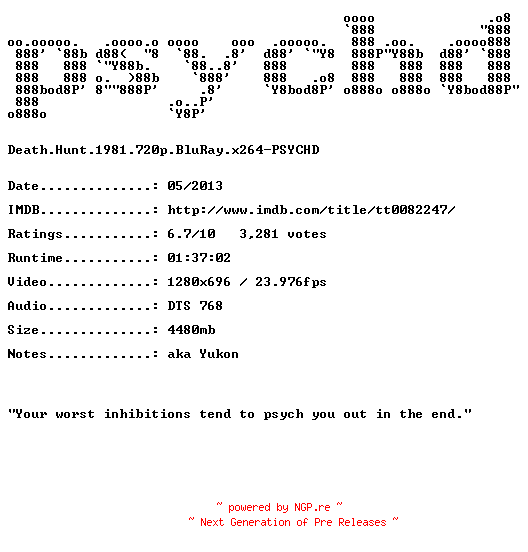 NFO for the release Death.Hunt.1981.720p.BluRay.x264-PSYCHD by PSYCHD