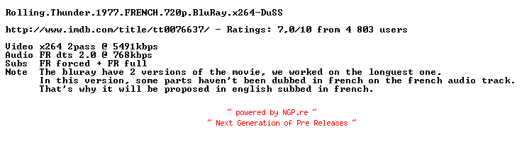 NFO for the release Rolling.Thunder.1977.FRENCH.720p.BluRay.x264-DuSS by DuSS