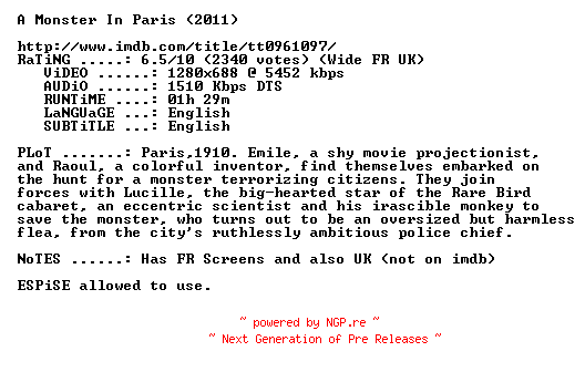 NFO for the release A.Monster.In.Paris.2011.PROPER.720p.BluRay.x264-MELiTE by MELiTE