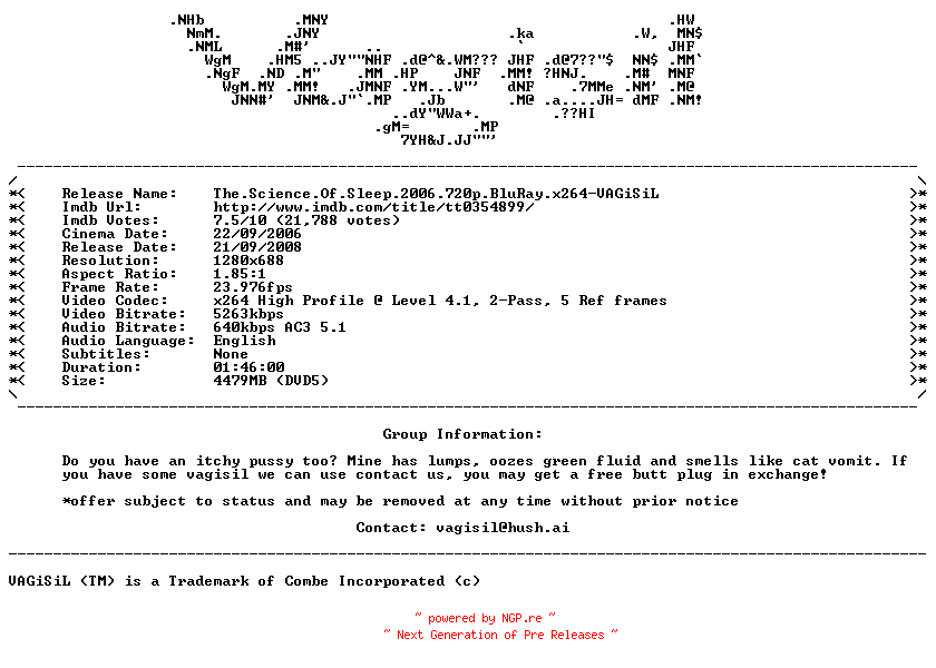 NFO for the release The.Science.Of.Sleep.2006.720p.BluRay.x264-VAGiSiL by VAGiSiL