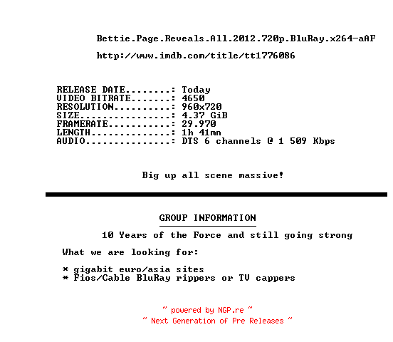 NFO for the release Bettie.Page.Reveals.All.2012.720p.BluRay.x264-aAF by aAF