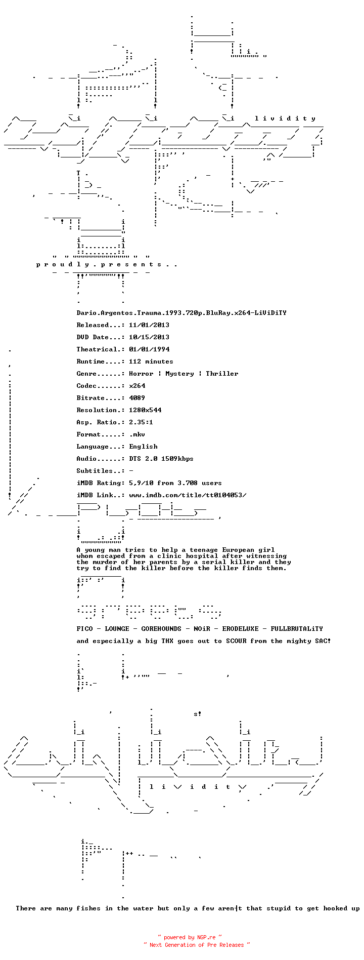 NFO for the release Dario.Argentos.Trauma.1993.720p.BluRay.x264-LiViDiTY by LiViDiTY