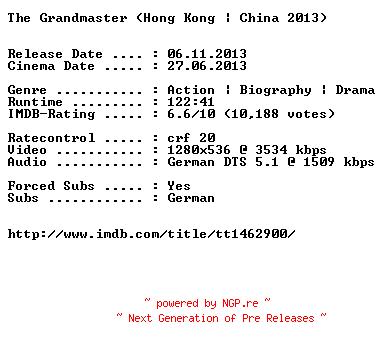 NFO for the release The.Grandmaster.German.720p.BluRay.x264-EXQUiSiTE by EXQUiSiTE