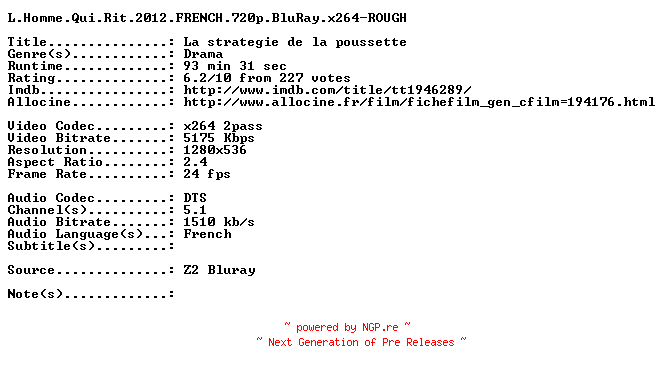 NFO for the release L.Homme.Qui.Rit.2012.FRENCH.720p.BluRay.x264-ROUGH by ROUGH