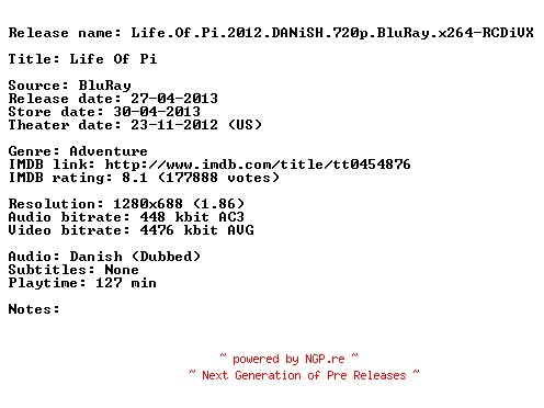 NFO for the release Life.Of.Pi.2012.DANiSH.720p.BluRay.x264-RCDiVX by RCDiVX