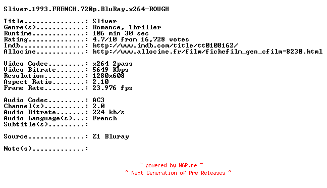 NFO for the release Sliver.1993.FRENCH.720p.BluRay.x264-ROUGH by ROUGH