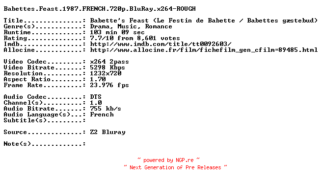 NFO for the release Babettes.Feast.1987.FRENCH.720p.BluRay.x264-ROUGH by ROUGH