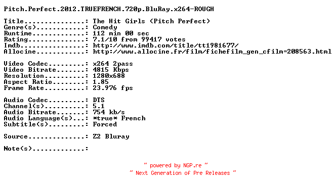 NFO for the release Pitch.Perfect.2012.TRUEFRENCH.720p.BluRay.x264-ROUGH by ROUGH
