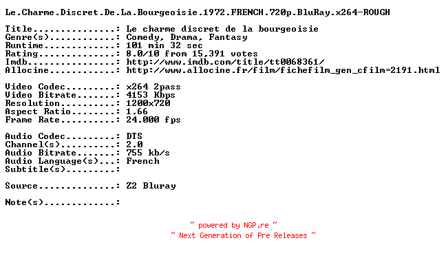 NFO for the release Le.Charme.Discret.De.La.Bourgeoisie.1972.FRENCH.720p.BluRay.x264-ROUGH by ROUGH