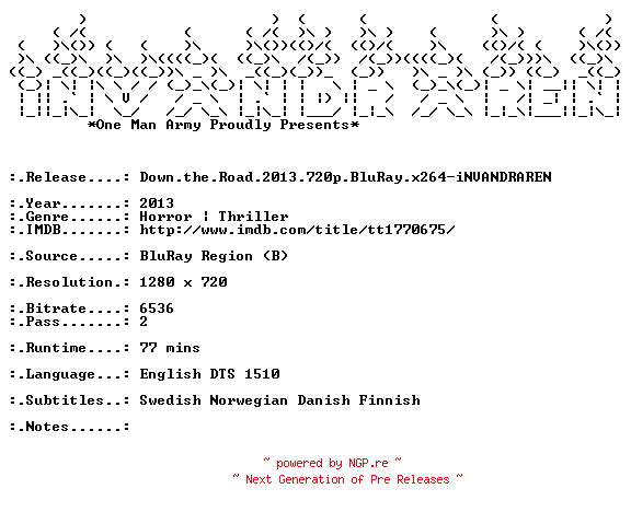 NFO for the release Down.the.Road.2013.720p.BluRay.x264-iNVANDRAREN by iNVANDRAREN