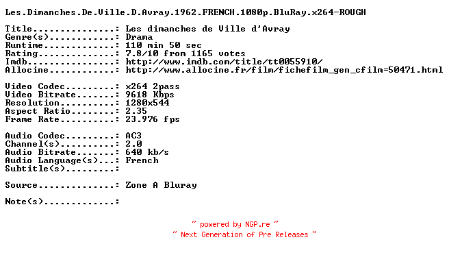 NFO for the release Les.Dimanches.De.Ville.D.Avray.1962.FRENCH.720p.BluRay.x264-ROUGH by ROUGH