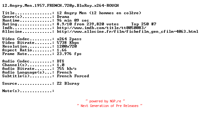 NFO for the release 12.Angry.Men.1957.FRENCH.720p.BluRay.x264-ROUGH by ROUGH