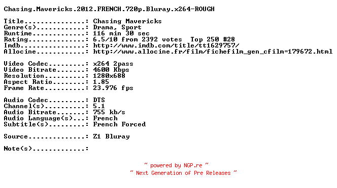 NFO for the release Chasing.Mavericks.2012.FRENCH.720p.Bluray.x264-ROUGH by ROUGH
