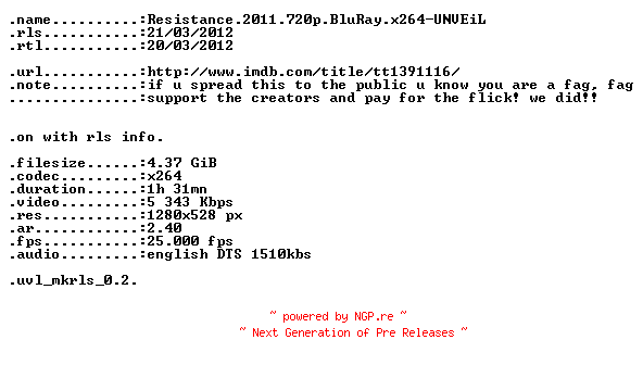 NFO for the release Resistance.2011.720p.BluRay.x264-UNVEiL by UNVEiL