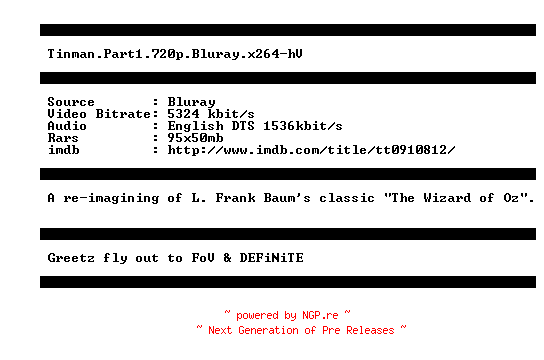 NFO for the release Tinman.Part1.720p.Bluray.x264-hV by hV