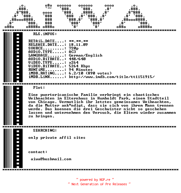 NFO for the release Nothing.Like.the.Holidays.German.2008.AC3D.DL.720p.Bluray.x264-AiWA by AiWA