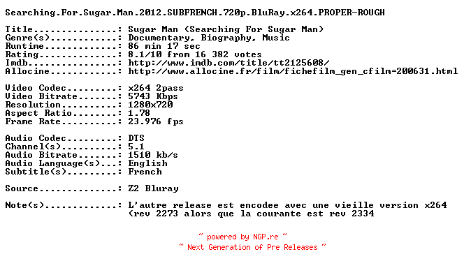 NFO for the release Searching.For.Sugar.Man.2012.SUBFRENCH.720p.BluRay.x264.PROPER-ROUGH by ROUGH