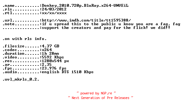 NFO for the release Donkey.2010.720p.BluRay.x264-UNVEiL by UNVEiL