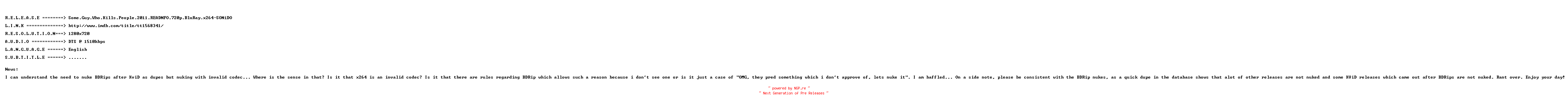 NFO for the release Some.Guy.Who.Kills.People.2011.READNFO.720p.BluRay.x264-SONiDO by SONiDO