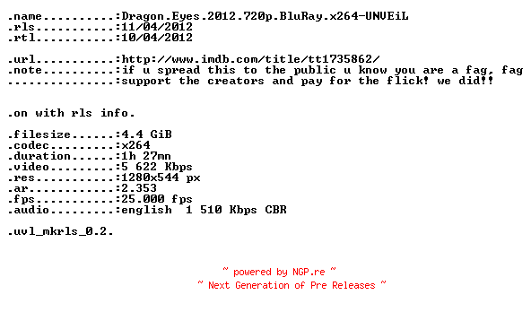 NFO for the release Dragon.Eyes.2012.720p.BluRay.x264-UNVEiL by UNVEiL