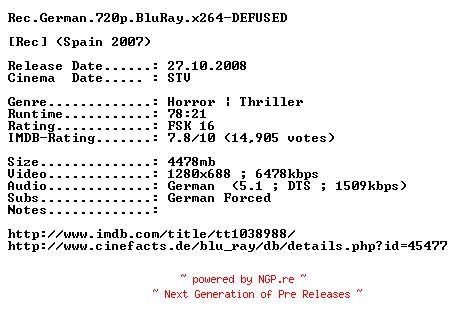 NFO for the release Rec.German.720p.BluRay.x264-DEFUSED by DEFUSED