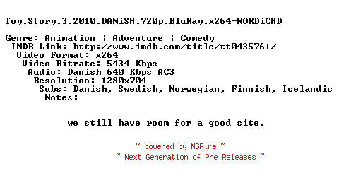 NFO for the release Toy.Story.3.2010.DANiSH.720p.BluRay.x264-NORDiCHD by NORDiCHD