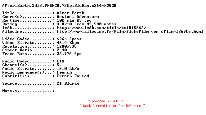 NFO for the release After.Earth.2013.FRENCH.720p.BluRay.x264-ROUGH by ROUGH