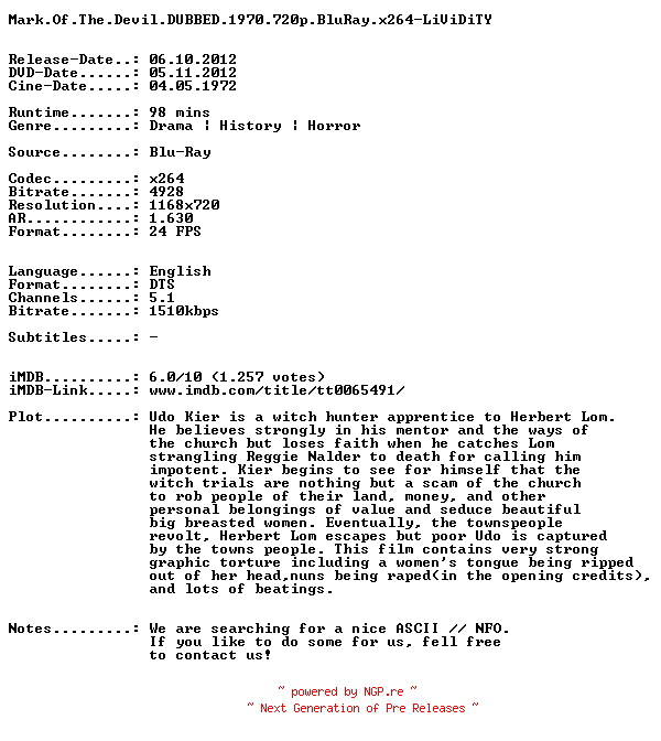 NFO for the release Mark.Of.The.Devil.DUBBED.1970.720p.BluRay.x264-LiViDiTY by LiViDiTY