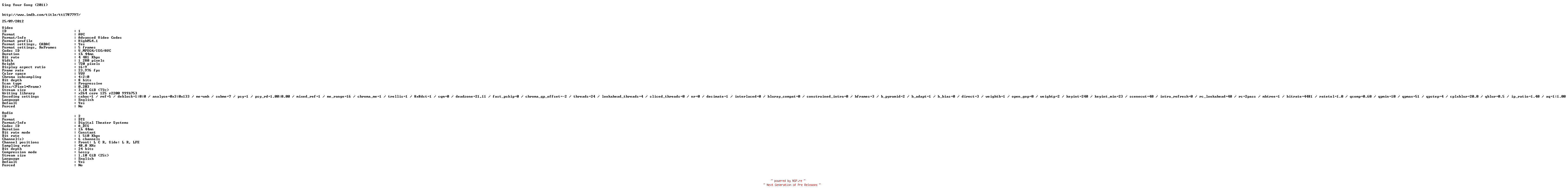 NFO for the release Sing.Your.Song.2011.720p.BluRay.x264-UNVEiL by UNVEiL