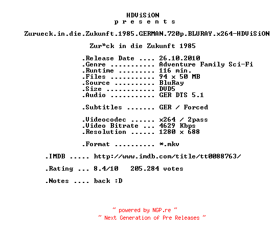 NFO for the release Zurueck.in.die.Zukunft.1985.GERMAN.720p.BLURAY.x264-HDViSiON by HDViSiON