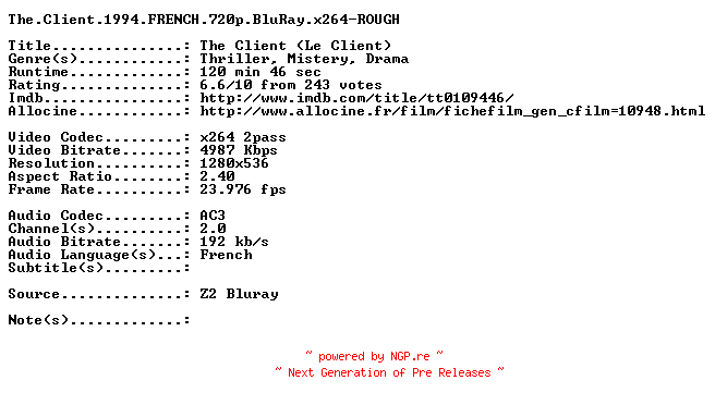NFO for the release The.Client.1994.FRENCH.720p.BluRay.x264-ROUGH by ROUGH