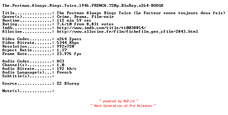 NFO for the release The.Postman.Always.Rings.Twice.1946.FRENCH.720p.BluRay.x264-ROUGH by ROUGH