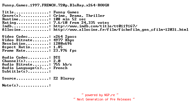 NFO for the release Funny.Games.1997.FRENCH.720p.BluRay.x264-ROUGH by ROUGH