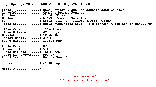 NFO for the release Hope.Springs.2012.FRENCH.720p.BluRay.x264-ROUGH by ROUGH