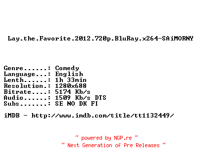 NFO for the release Lay.the.Favorite.2012.720p.BluRay.x264-SAiMORNY by SAiMORNY
