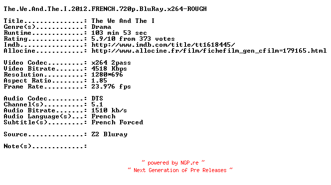 NFO for the release The.We.And.The.I.2012.FRENCH.720p.BluRay.x264-ROUGH by ROUGH
