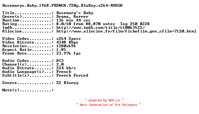 NFO for the release Rosemarys.Baby.1968.FRENCH.720p.BluRay.x264-ROUGH by ROUGH