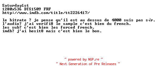 NFO for the release Insidious.Chapter.2.2013.TRUEFRENCH.720p.BluRay.x264-Saturday1st by Saturday1st