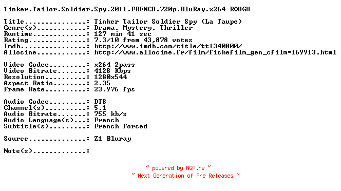 NFO for the release Tinker.Tailor.Soldier.Spy.2011.FRENCH.720p.BluRay.x264-ROUGH by ROUGH
