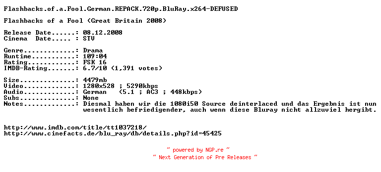 NFO for the release Flashbacks.of.a.Fool.German.REPACK.720p.BluRay.x264-DEFUSED by DEFUSED