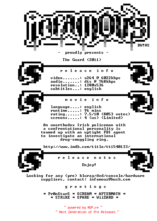 NFO for the release The.Guard.720p.Bluray.x264-iNFAMOUS by iNFAMOUS