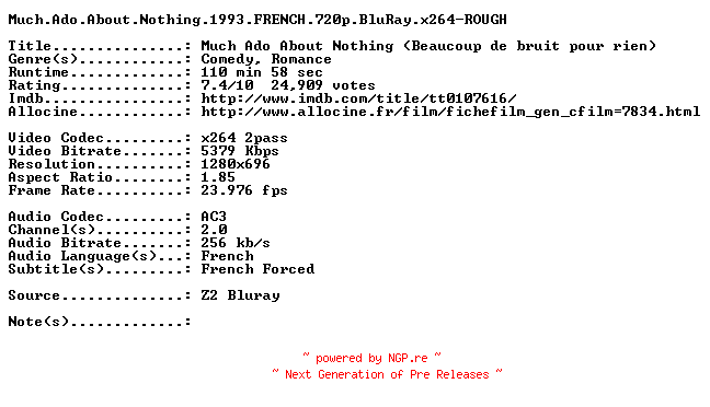 NFO for the release Much.Ado.About.Nothing.1993.FRENCH.720p.BluRay.x264-ROUGH by ROUGH