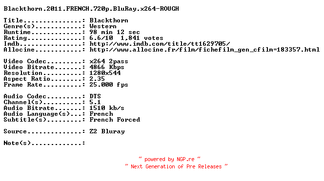 NFO for the release Blackthorn.2011.FRENCH.720p.BluRay.x264-ROUGH by ROUGH