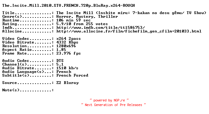 NFO for the release The.Incite.Mill.2010.STV.FRENCH.720p.BluRay.x264-ROUGH by ROUGH